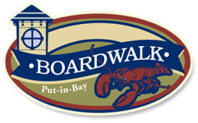 Oval logo with the word "Boardwalk" in the center, a lobster illustration, and a small tower icon on the left. The text "Put-in-Bay" is below.