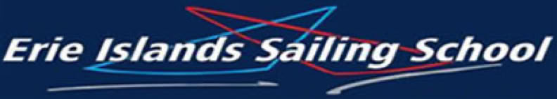 "Erie Islands Sailing School" text on a dark blue background with red and blue lines.